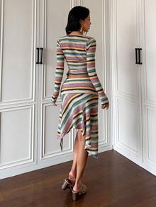 Colorful Striped Knit Wrap V-Neck Long Sleeve Top & Ruffle Mid-Length Skirt 2 Pieces Set - Multicolor - View 3