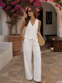 Pantalon femme taille haute plissé jambes larges, pantalon blanc drapé pour le printemps/été, style bureau et vacances - Blanc - Voir 5