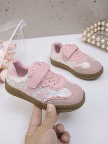 1 đôi giày thể thao chạy bộ thời trang thoải mái cho bé gái, dùng quanh năm, có miếng dán, đính sequin, đế mềm, đế cao su chống trượt, giày thể thao đế bệt thường ngày - Hồng - Xem 6