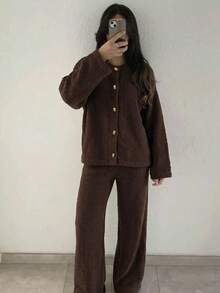 Women's Fall Winter 2 Piecesa Stylish Brown Soft Knitted Cardigan Paired With Wide-Leg Knit Pants, Perfect For Everyday Wear And Commuting. - Brown - View 6
