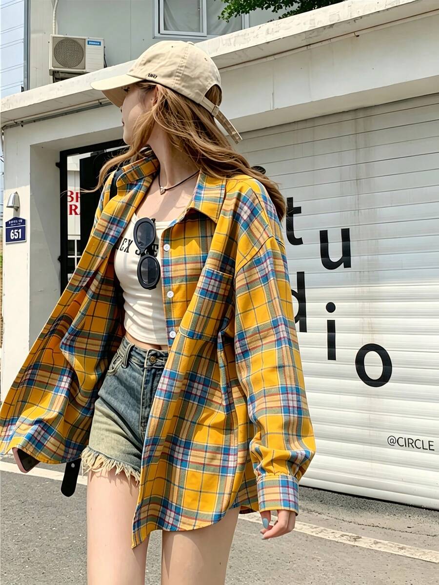 YUXIN American Vintage Niche Design Long Sleeve Plaid Shirt For Women / Spring & Autumn New Loose Casual Commuter Blouse / Suitable For All Seasons