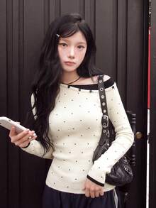 Women's Autumn/Winter Polka Dot Asymmetric Collar Long Sleeve Sweater - Apricot - View 2