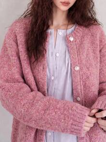 Women's Autumn/Winter New Pink Knitted Cardigan Jacket, Warm Round Neck Long Sleeve Button Short Sweater - Pink - View 4