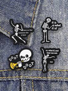 Funny Skeleton Enamel Pins Set, Cute Dancing Skull Brooch With Slogan, Metal Badge For Backpack Clothing Decor Gift - Multicolor - View 3