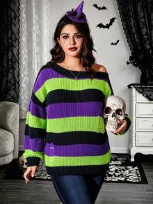 Sweater Rajut Halloween Musim Gugur/Dingin 2026 untuk Wanita Ukuran Besar, Gaya Punk Gothic Y2K, Pullover Bahu Terbuka dengan Detail Rusak, Atasan Pullover Rajut Kasual Bergaris Blok Warna - MultiWarna - View 6