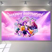 KPop Demon Hunters Kpop Theme Birthday Backdrop Banner, K-Pop DemonHunters Character Banner, Neon Glowing Disco Ball & Music Note Design, With HAPPY BIRTHDAY Text, Suitable For Photo Booth Party Decoration - Multicolor - View 12
