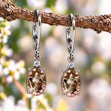 Hello Spring Oval Drop Earrings With Upward Paw Kitten Greeting Embellishment, Women's Cute Pet Theme Jewelry, Perfect Gift For Cat Lovers And Best Friends - Silver - View 2
