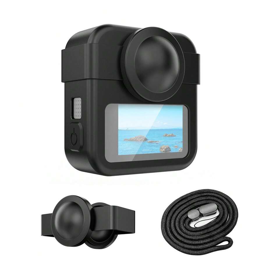 For MAX2 PULUZ Body Silicone Protective Case With Dual Lens Caps Cover & Strap (Black) - View 1