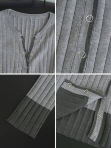 Autumn/Winter Korean Vintage Gray Colorblock Single-Breasted Long Sleeve Knit Cardigan, Casual Versatile For Daily Wear - Grey - View 7