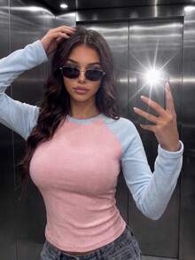 Women's Casual Fleece Fuzzy Colorblock Slim Fit Long Sleeve T-Shirts For Daily Wear,Winter Fall Outfit,Winter Fall Clothes,Going Out - Pink - View 3