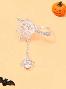 1pc Gold Gothic Spider Web Decor Ring With Spider Pendant & Rhinestones, Punk Halloween Women's Finger Accessory - Spider - View 2