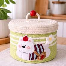 Cotton Rope Storage Basket With Lid, Dustproof Desktop Storage Bin, Creative Woven Organizer For Snacks Sundries, Household Home Storage Container, Random Style Sent - Multicolor - View 2