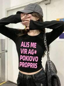 New Black Short Long Sleeve T-Shirt Women Y2K Generation Fun Pink English Print Spring Autumn Korean Style Crew Neck Versatile Casual Slim Fit Top - Black - View 1