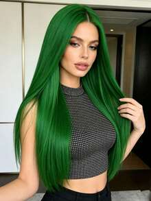 Green 28 Inch Straight Hair Wig For Women, Middle Part No Bangs, Fashionable & Elegant, Soft & Smooth, Suitable For Daily Wear, Halloween Costume, Fits All Women - Green - View 5