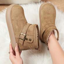 Women's Retro Buckle Short Fuzzy Boots, Side Zipper, Plush Lining, Skin-Friendly Fleece, Machine Washable, Versatile Warm Short Home Boots For Indoor And Outdoor Wear - Khaki - View 3