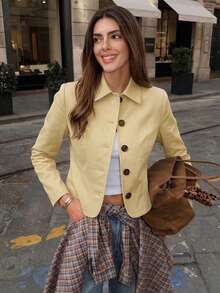 Women's Khaki Lapel Long Sleeve Short Shirt Jacket, Non-Stretch Woven Fabric, Create Eye-Catching Casual Look - Apricot - View 2