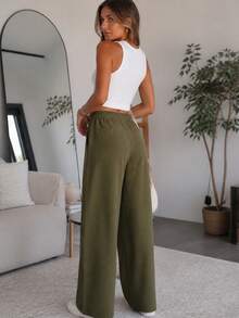 Pantalon long décontracté vintage pour femmes, jambes larges, avec volants plissés, grandes poches, coupe ample, pour les vacances - Vert - Voir 5