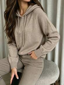 Suéter de punto suave con capucha para mujer, suéter holgado y estilizado con cordón para otoño/invierno, manga raglán de unicolor de manga larga, top casual versátil de punto suave para uso interior/exterior para ir al trabajo y uso diario - Camel - Ver 5