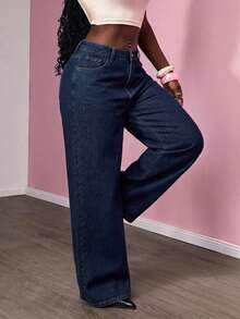 Women's Plus Size Loose Fit Denim Jeans, Long Non-Stretch Vintage Style, With Pockets And Zipper Closure, Original Color Wash Details - Blue - View 1
