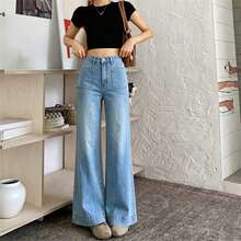 Women's Light Wash High Waist Loose Fit Stretch Denim Jeans, Wide Flared Hem & Fashion Patch Front Pockets Casual Pants - Blue - View 7
