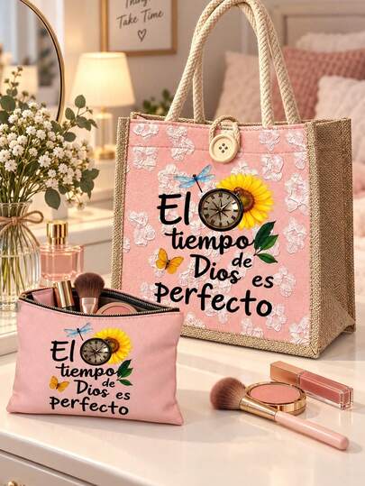 Spanish Bible Scripture Handbag Set, Scripture Printed Canvas Handbag, Shopping Bag, Reusable Shopping Bag Suitable For Shopping, Church Events, Picnics, School Commuting, Zipper Makeup Bag, Thanksgiving, Teacher's Day, Easter, Back To School, Halloween Gifts, Baptism, Spanish Women's Birthday