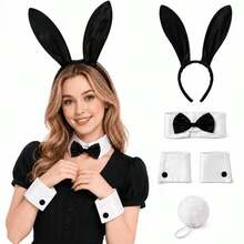 4pcs Women's Rabbit Costume Accessories Set, Rabbit Ears Headband, Bow Collar, Cuffs And Plush Tail, Halloween Cosplay Theme Party Outfit Props - Multicolor - View 1