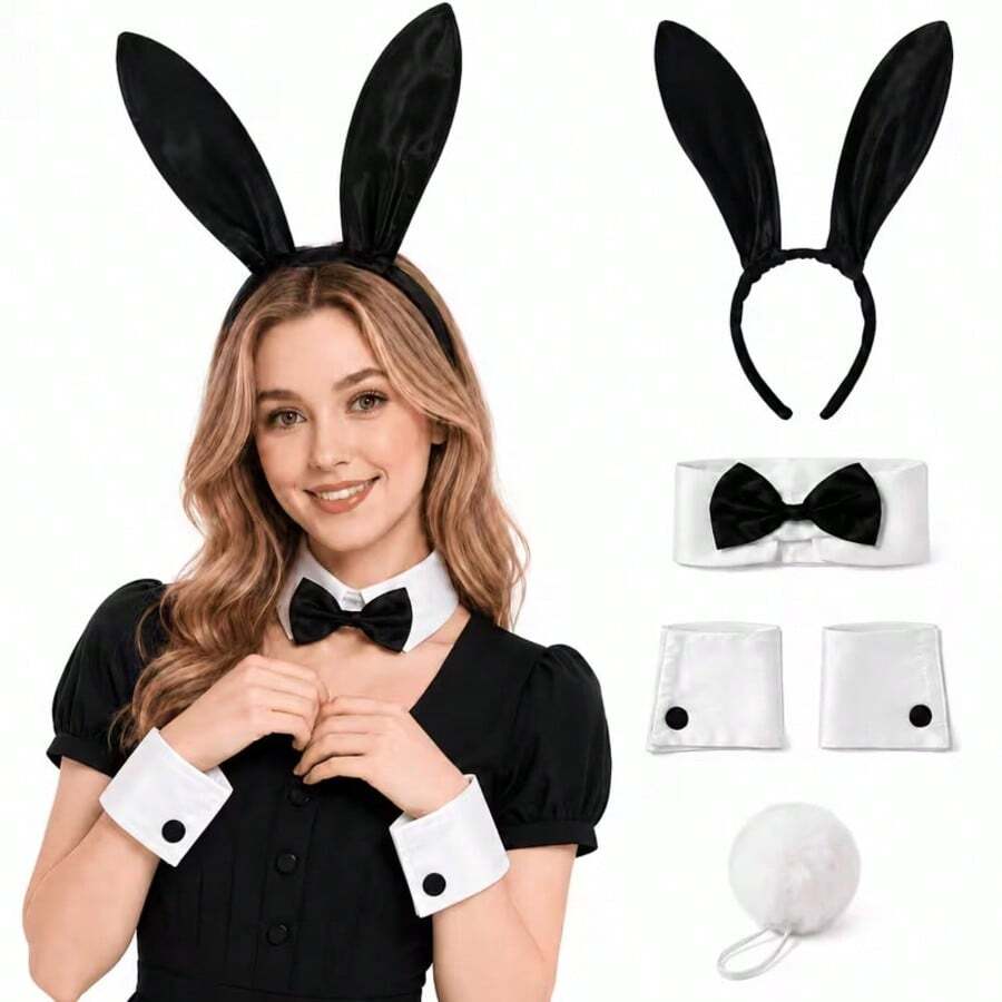 4pcs Women's Rabbit Costume Accessories Set, Rabbit Ears Headband, Bow Collar, Cuffs And Plush Tail, Halloween Cosplay Theme Party Outfit Props - Multicolor - View 1