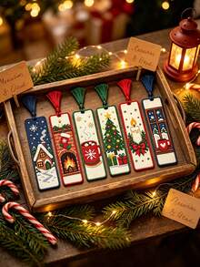 6pcs Christmas‑Themed Cross‑Stitch Bookmark Set, DIY Christmas Bookmark Kit, Medium‑Grid Three‑Strand Embroidery Thread, Christmas Tree, Bell, And Fireplace Pattern - Multiple Styles - View 2