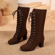 2026 New Round Toe Chunky Heel Women's Ankle Boots, Height-Increasing Versatile Lace-Up Ankle Boots For Autumn/Winter - Brown - View 8