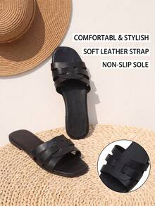 Black Interwoven Cutout Slide Sandals For Women, Elegant Square Open Toe Flat Slippers, Summer Beach Vacation Daily Casual Footwear - Black - View 7