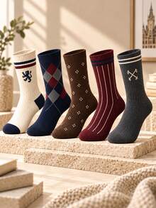 5 Pairs Men's British Retro Mid-Calf Socks, Argyle Striped Geometric Pattern Preppy Knit Socks, Business Casual Commute Office Daily Versatile Men's Socks - Multicolor - View 1