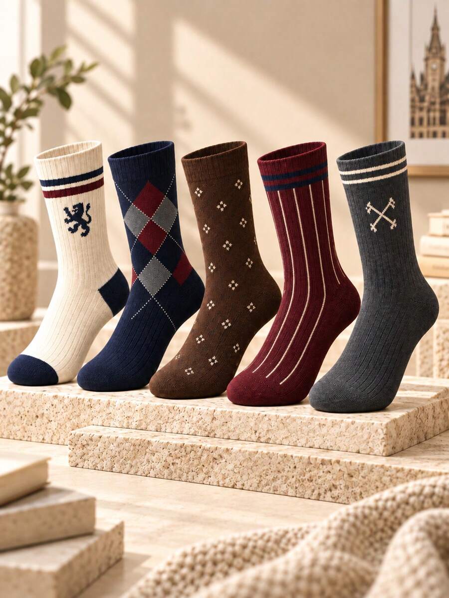 5 Pairs Men's British Retro Mid-Calf Socks, Argyle Striped Geometric Pattern Preppy Knit Socks, Business Casual Commute Office Daily Versatile Men's Socks - Multicolor - View 1