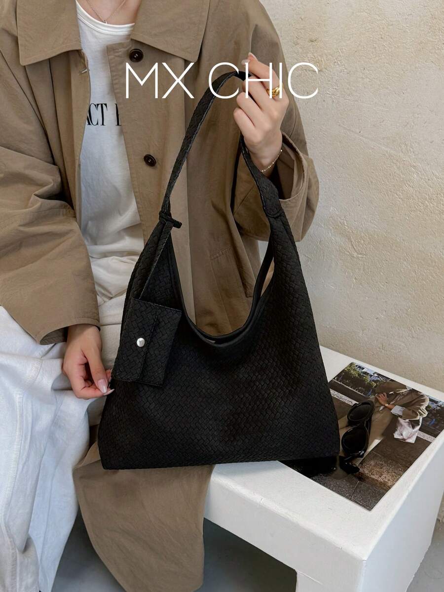 1件時尚休閒彩色條紋草編女士單肩包,適合辦公、通勤、購物、度假 - 黑色 - 查看 1