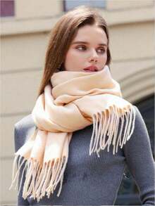 1PC Women's Simple Solid Color Regular Style Faux Cashmere Scarf, Suitable For Seasonal Transitions, Daily Wear, Windproof And Warm - Apricot - View 3
