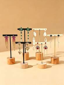 1pc Iron Art Earring Display Stand, Wooden Base T-Shaped Earring Holder Jewelry Display Rack Accessory Storage Display Prop - Multicolor - View 5