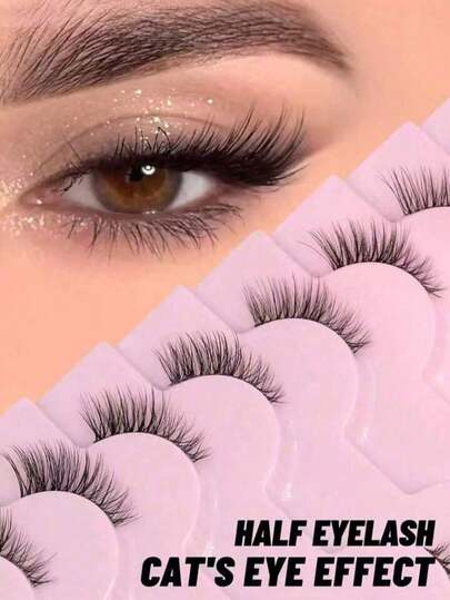 7 Pairs Half-Cut Cat Eye Faux Mink Eyelashes | Clear Band 3D Lightweight Short Style | Creates A Natural And Soft Voluminous Effect, Suitable For Daily Commute, Dates, Brunch, Video Conferences, Passport Photo Shoots, Wedding Guests, Travel