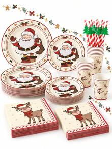 10/20pcs Christmas Disposable Paper Tableware Set (Includes 7" And 9" Plates, Cups, Napkins, Straws), Featuring Vintage Santa Claus, Reindeer, Gingerbread Man, Holly And Candy Cane Holiday Gift Patterns, Suitable For Christmas Parties, Holiday Dinners, Winter Celebrations And Festive Table Decor - Multicolor 4 - View 1