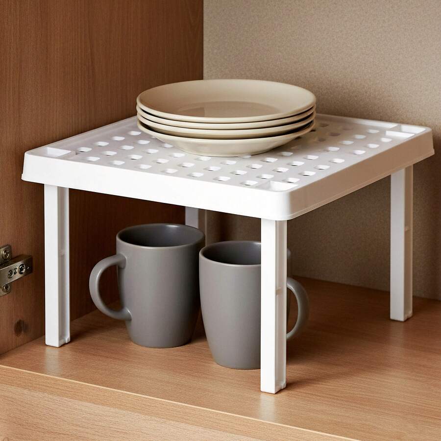 Geezy Stackable Square Shelf Insert - Small Kitchen Cupboard Organiser & Pantry Cabinet Counter Storage Rack - White Space Saving Plastic Stand For Mugs, Plates, & Bowls - View 1