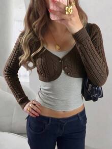 Women's Knitted Cropped Cardigan Long Sleeve Top, Autumn/Winter Outfit, Medium Stretch Knitted Fabric - Brown - View 4