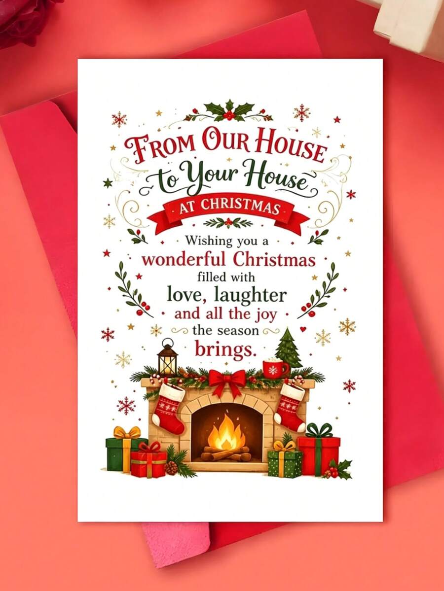 1pc Greeting Card Warm Festive Christmas Greeting Card, Fireplace And Gifts Scene From Our House To Your House, For Friends, Winter Holiday Classic Style - One Size Fits All - View 1