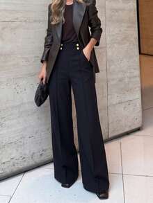 Women's Fashion Vintage Button Pocket Straight Leg Pants, Business Office - Black - View 3