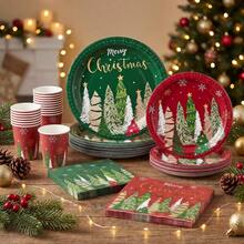10/20/50/80 Pcs,Winter Holiday Merry Christmas Disposable Tableware Set,Red Green Christmas Tree Pattern 7 Inch & 9 Inch Paper Plates Napkins And 9oz Cups,Party Decor Supplies For Pre-Xmas Family Feast,Winter Solstice Dinner - Multicolor - View 8