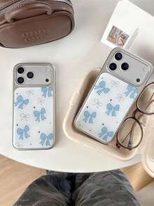 1PC Fresh Blue Plaid Bow Large Window Phone Case, Minimalist Sweet Girl TPU Soft Shell Full Coverage Lens Anti-Drop Personalized Cartoon Protective Cover Compatible With Apple 17/16/15 Pro Max/15 Pro/15/14 Pro Max/14 Pro/14/13 Pro Max/13 Pro/13/12 Phone Protective Case All Models Personalized Creative - Multicolor - View 3