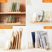 1pc 8-Slot 38cm Bamboo Wood Tableware Rack - Plate Pot Lid Cutting Board Storage Rack For Cabinet - Kitchen Cabinet Storage Rack For Plates, Pots, Lids, Bowls, Bottles, Books And Puzzles - Brown - View 4