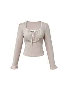 Lace Patchwork Contrast Color Bow Long Sleeve T-Shirt, Versatile Sweet Slimming Women's Top - Pink - View 5