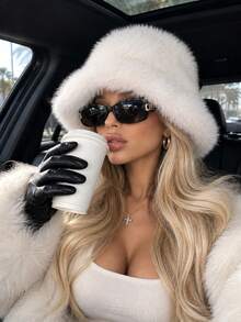 1pc Y2K Style Autumn/Winter Faux Fur Bucket Hat, Fluffy Wide Brim Street Fashion Warm Ear Protection Hat, Suitable For Halloween Party - Plush Bucket Hat - View 5
