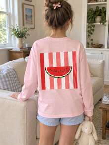 Tween Girl 1pc Printed Long Sleeve T-Shirt, Suitable For Tween Girls' Autumn/Winter Top, Young Student Children's Clothing, Suitable For Outerwear And Layering - Pink - View 6
