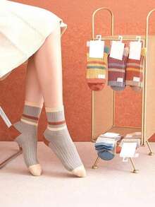 5 Pairs Women Retro Color Block Striped Mid-Calf Socks, Soft Cozy Warm Casual Socks For Fall Winter - Multicolor - View 3