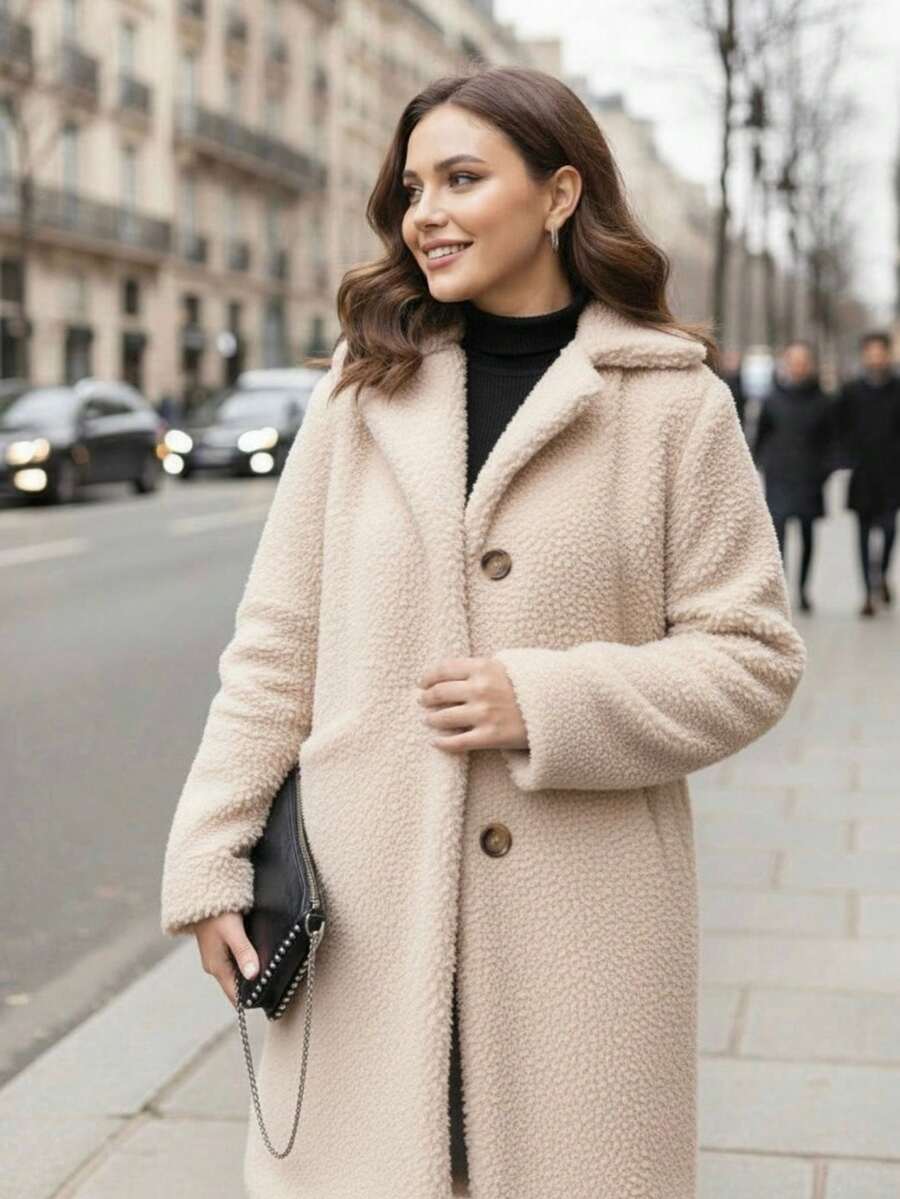 Damkappa i enfärgad casual stil, mångsidig vinterkappa i fuskpäls - Beige - Visa 1