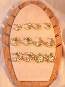 2-12pcs/Set, Multi-Style Personalized Gold Multi-Element Earring Set, Suitable For Daily Wear, Party, Gift - Gold - View 3